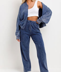 Blouson aviateur délavé à la pierre avec fermeture éclair et joggers ensemble de vêtements de détente bleu femmes 2 pièces tenues 2024 survêtement ensemble survêtements - Product Image 3