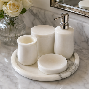 Wholesale Stone Era Eco-Friendly Modern Luxury Four-Piece Smooth White Marble <b>Bathroom</b> <b>Accessories</b> <b>Set</b> Soap Dispenser Tumbler - Product Image 2