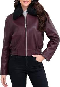 Venta al por mayor de cuero genuino Borgoña chaqueta de bombardero de alta calidad OEM logotipo personalizado colores cierre de cremallera chaquetas de motorista de las mujeres - Product Image 2