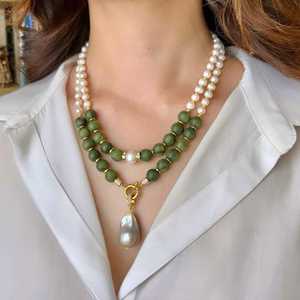 Jade and Pearl Necklace Set for Women, Baroque Pearl Pendant, <strong>Wife</strong> Anniversary <strong>Birthday</strong> <strong>Gift</strong> - Product Image 2