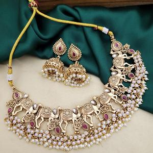 Ethnic Best Quality Antique Finish Designer <b>Gold</b> Plated Temple Necklace <b>Set</b> With <b>Earrings</b> For Special Occasion For Women - Product Image 1