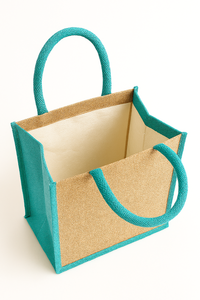 Bolsa de compras de yute biodegradable respetuosa con el medio ambiente, patrón geométrico, logotipo de colores personalizable para embalaje minorista de comestibles - Product Image 3