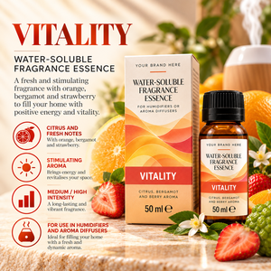 Essence soluble dans l'eau OEM Vitality 50ml |   Diffuseur d'arômes Orange Bergamote Fraise |   Marque privée Espagne - Product Image 2