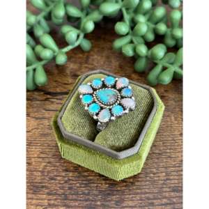 Southwest Handmade Boho Opal & Multi Stone Sterling <b>Silver</b> <b>Adjustable</b> Cluster <b>Ring</b> - Product Image 4