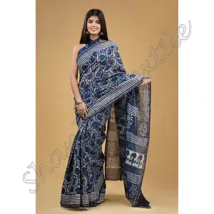 Sari/Sari di seta Chanderi con camicetta per le donne Sari di seta Chanderi Block Printed Party Wear matrimonio indiano ultimo Designer
