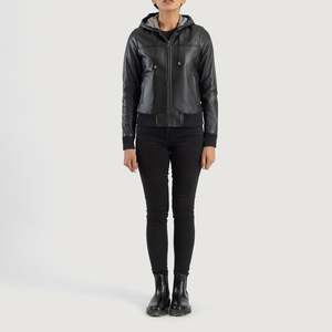 Chaqueta Bomber de Piel de Oveja Rebella, Negra, con Capucha, Resistente al Viento - Product Image 3