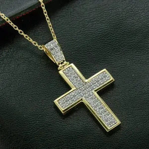 14K Yellow Gold Plated 925 <b>Silver</b> Pendant Chain with Round Cut Moissanite Diamond Cross Shape Vintage <b>Charm</b> for Gifts - Product Image 4