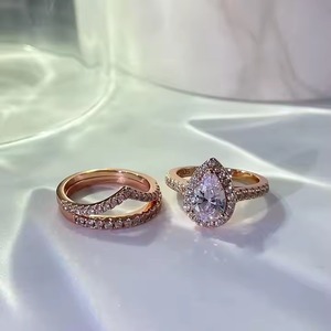 Juego de anillos de boda en forma de lágrima de oro rosa de 14K 2,50 CTW corte de pera diamante cultivado en laboratorio anillo de cóctel de compromiso y promesa Vintage - Product Image 4