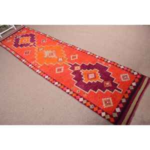 Turkish Rug, <b>Runner</b> 3x11.6 ft Vintage Rug, Orange <b>Red</b> Animal Print Wool Rug - Product Image 4