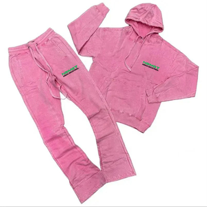 Conjuntos de 2 piezas unisex traje de sudor acampanado apilado lavado ácido desgastado lavado vintage invierno estampado personalizado - Product Image 1