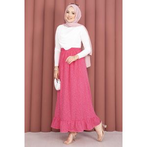Pink Polka Dot Chiffon and Silk Ruffled Midi <b>Skirt</b> with <b>Elastic</b> Waist Breathable and Soft Featuring Digital Prints and Pleats - Product Image 3