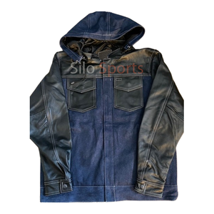 Veste de travail pour homme en cuir de vache et denim hybride, faite à la main, de haute qualité, style streetwear, avec capuche, poche zippée, coupe-vent - Product Image 6