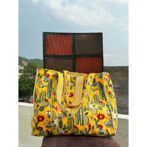 <b>Yellow</b> Corduroy Tote <b>Bag</b> with Cactus Embroidery Bohemian Style Summer Zipper Closure Cotton Lining Open Top Design - Product Image 3