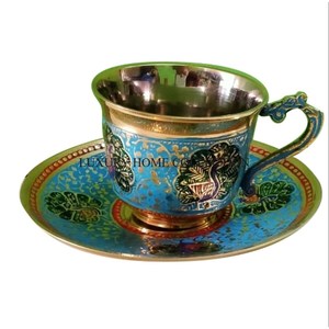 Elegant Antique Brass <b>Cup</b> and Saucer <b>Set</b> with Intricate Hand Work Design for Vintage-inspired <b>Tea</b> Parties and Coffee Moments - Product Image 3