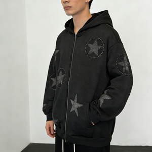 Vintage Men Customized Logo Oversized <b>Black</b> Hoodies Zip up Rhinestone Graphic Pocket <b>Fleece</b> Casual Streetwear Hoodies - Product Image 2