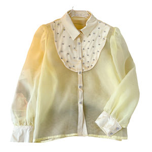 Automne Tissé Respirant À Manches Longues Casual Mesh Blouses avec Diamants pour Femmes Écologique Tops En Gros - Product Image 3