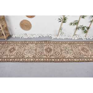 Classic Beige <b>Brown</b> Vintage Turkish <b>Wool</b> Rug 2.7 X 10.7 ft Flat Weave Patchwork Pattern for Living Room Hallway Latex Backed - Product Image 3