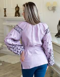 Customizable Summer Cotton Blouse Long Balloon Sleeve Embroidered Ukrainian Festive Woven Patterns Modest Designer Style Natural - Product Image 3