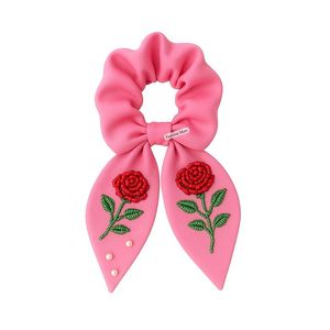 Scrunchie fait main pour la Saint-Valentin avec des perles, motif floral et cœur, nœud rose, accessoire pour cheveux - Product Image 6