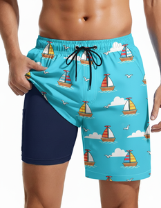 Men 2 in 1 Gym Running Board <b>Shorts</b> Solid <b>Swim</b> Compression <b>Liner</b> Recyclable Material Casual Style Mid Waist Printed Pattern - Product Image 4