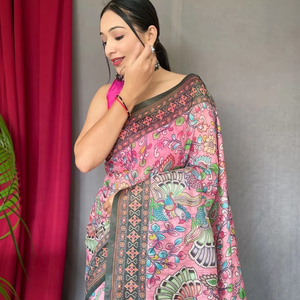 Saree de algodón con estampado digital de borde grande - Product Image 1