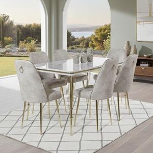 Ensemble de table à manger 6 chaises Fait main Moderne Extensible Plateau en verre trempé Pieds en métal Construction en aggloméré Écologique Durable - Product Image 1