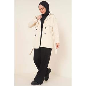 Gabardina corta de doble botonadura para mujer, gabardina de algodón con estampado de piel de oveja de punto de lana Beige para primavera invierno otoño - Product Image 2