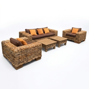 Nuevo Conjunto de Sofás de Ratán Minimalista Moderno para Sala de Estar, Muebles de Lujo para Patio y Jardín, Asientos de Mimbre Grueso con Cojines Naranjas - Product Image 1