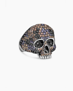 แหวนหัวกะโหลก Memento Mori สำหรับผู้ชาย เครื่องประดับแฟชั่น แหวนเงินแท้ 925 ชุบ ประดับเพชรสีน้ำเงินและสีเหลือง - Product Image 1