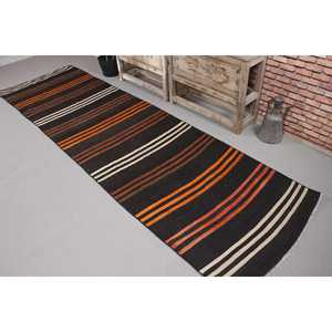Tapis Kilim turc 3,1x11 pi (93x335 cm), tapis vintage en laine noire style sud-ouest - Product Image 1