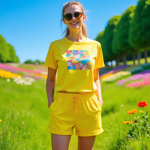 Conjuntos de camisetas y pantalones cortos deportivos con logotipo personalizado sólido para mujer, Manga corta transpirable ecológica - Product Image 6