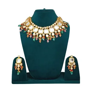Ensemble de bijoux vintage plaqué or Kundan, perles multicolores et rubis pour mariage et cadeau, bague en cuivre fin - Product Image 1