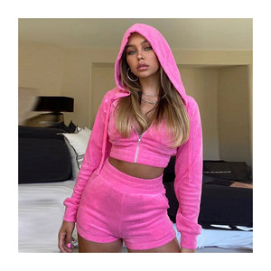 Nueva llegada Conjuntos de 2 piezas Ropa deportiva de punto informal Sudadera con capucha de verano y conjuntos de pantalones cortos para mujer - Product Image 5