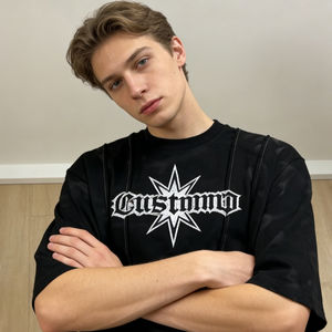 เสื้อยืดผู้ชายสีดำลายกราฟิกโกธิคทรงโอเวอร์ไซส์สไตล์วินเทจพังก์ลายเรขาคณิตแบบลำลอง - Product Image 3