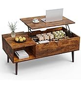 Table basse moderne pliable avec plateau relevable, étagère de rangement et compartiment caché, en bois brun, pour salon et salle à manger