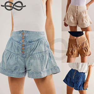 Pantalones cortos de mezclilla con dobladillo y volantes de cintura alta para mujer, pantalones cortos de mezclilla acampanados de pierna ancha, bolsillos elásticos, diseño elegante, informal, Verano - Product Image 6