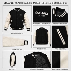 Chaqueta de Béisbol Clásica con Capucha ONEAPEX Negra y Blanca Personalizada, Mangas de Lana y Cuero, Invierno, Fabricante OEM ODM - Product Image 6
