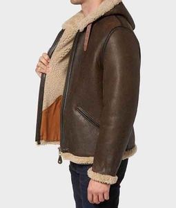 Veste en cuir de mouton à capuche marron foncé Dowell pour hommes B6 - Product Image 2