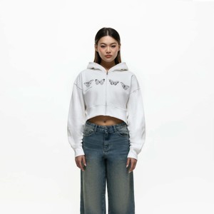 Sudadera con capucha con cremallera recortada lavada para mujer a la moda con cierre de cremallera y capucha con cordón Ideal para trajes de calle - Product Image 1