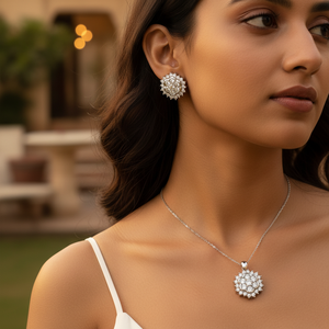 Parure de bijoux en diamant fleur, argent 925, sertissage pavé, boucles d'oreilles et pendentif classiques pour mariage, bijoux fins pour femme - Product Image 3