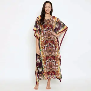 Custom Manufacture Comfort Fit V-Neck Polyester Georgette Maroon Digital Printed Sheer Kaftan with Slip