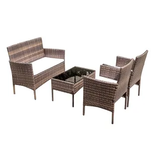 Big Sale Outdoor Garden Sofa Set PE Rattan Wicker Furniture set 4-Piece Set with Dark Brown Cushions