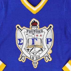 SGRho V Neck Sweater Royal Blue Gold Sigma Gamma Rho HBCU Greek Sorority Apparel <b>with</b> Embroidered Crest College Knit Clothing - Product Image 3