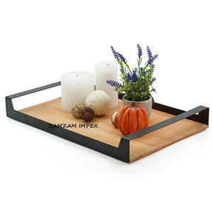 Plateau de service rectangulaire moderne en bois d'acacia avec poignées Plateau décoratif à double matériau pour les collations et les boissons Plateau de table - Product Image 2