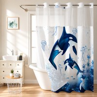 Rideau de douche à imprimé numérique animaux marins en polyester imperméable, sans œillets, pour salle de bain