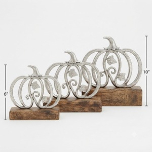 Objeto Decorativo de Calabaza Plateada sobre Base de Madera, Decoración Rústica de Otoño para Mesa, Adorno de Halloween - Product Image 4