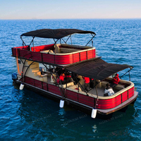 Bateau ponton double pont en aluminium avec moteur, soudé, pour la pêche, les fêtes en famille, sièges, bimini, mobilier, hors-bord, sports nautiques et loisirs