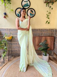 Sari de secuencia de Georgette de imitación más vendido para mujer, ropa de fiesta con diseño de blusa de SIE, hecho de seda y rayón - Product Image 3