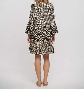 Magnifique robe courte tunique à manches longues, style bohème, col en V, motif paisley, pompon, en noir et beige, taille unique (100% coton) - Product Image 6
