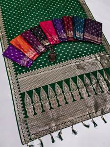 Custom Made Eco-Friendly Modal Brocade <b>Silk</b> Sarees in Bright Colors Gold Zari <b>Thread</b> Hand-Woven for Clothing Stores Home Use - Product Image 2